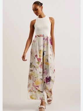 Ted Baker Tirsso White Ribbed Bodice Watercolor Floral Wide Leg Jumpsuit Size 8